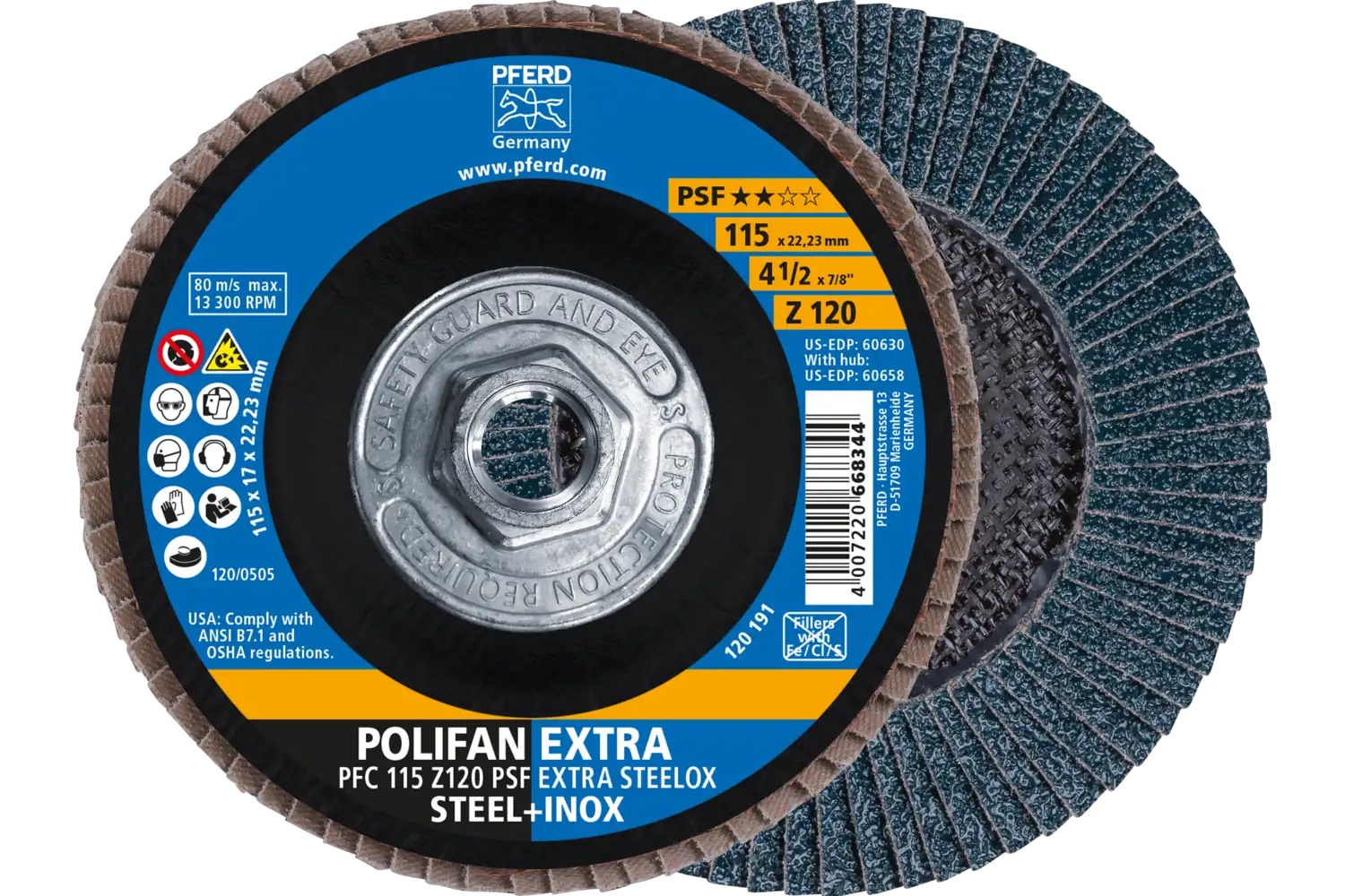 Picture of Pferd Flap Disc, 4-1/2" x 5/8-11, Z PSF Extra Steelox, 120 Grit, T29, Conical, Zirconia